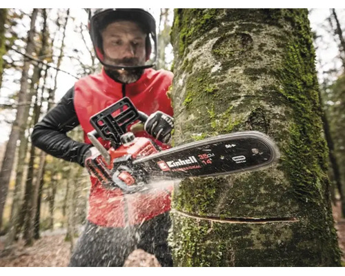 Personne sciant un tronc d'arbre en forêt avec une tronçonneuse sans fil Einhell, longueur de guide 35 centimètres.