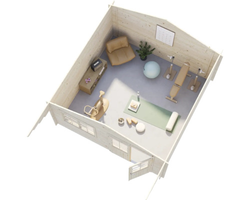 Draufsicht auf ein hölzernes Gartenhaus, eingerichtet als privates Fitnessstudio mit Yogaausrüstung, Hantelbank und Heimtrainer.