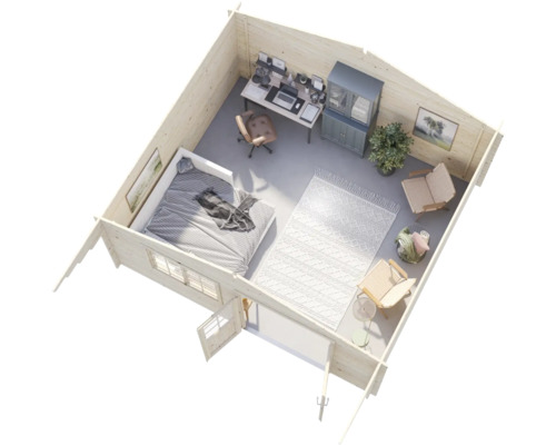 Draufsicht auf ein eingerichtetes Holzblockhaus mit Schlafbereich, Arbeitsplatz, Sitzgelegenheit und Teppich im Innenraum.