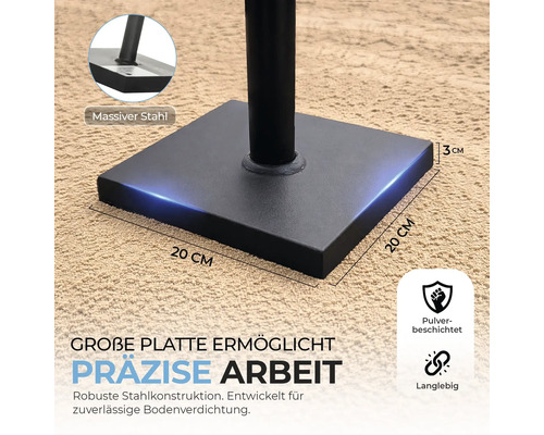 Handstampfer mit einer quadratischen Bodenplatte aus massivem Stahl, 20 mal 20 Zentimeter groß, Höhe 3 Zentimeter, pulverbeschichtet.