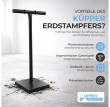 Küpper Erdstampfer aus Metall mit circa 84 Zentimeter Arbeitshöhe, ergonomischem Gummigriff, 20 mal 20 Zentimeter Bodenplatte, pulverbeschichtet.
