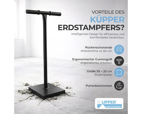 Küpper Erdstampfer aus Metall mit circa 84 Zentimeter Arbeitshöhe, ergonomischem Gummigriff, 20 mal 20 Zentimeter Bodenplatte, pulverbeschichtet.