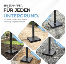 Handstampfer auf verschiedenen Untergründen wie Gartenerde, Sand, Beton, Schotter und Mischboden.