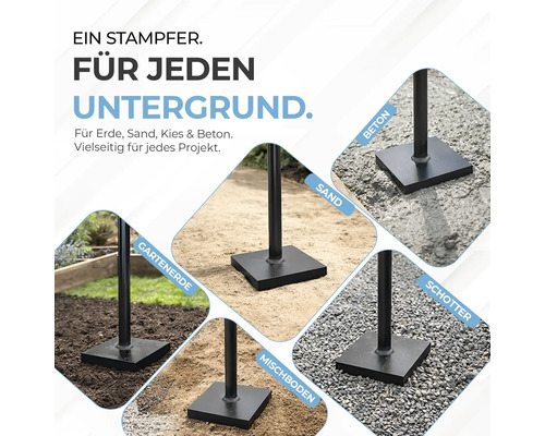 Handstampfer auf verschiedenen Untergründen wie Gartenerde, Sand, Beton, Schotter und Mischboden.