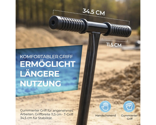 T-Griff eines Werkzeugs mit gummierten Griffen, Gesamtbreite 34,5 Zentimeter, Griffbreite 11,5 Zentimeter für komfortables Arbeiten.