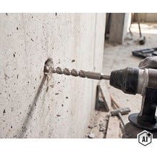 Un foret à béton perce dans un mur en béton massif sur un chantier (Image AI modified or generated)