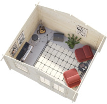 Vue de dessus d un abri de jardin en bois confortable, aménagé en salle de musique avec deux fauteuils, un clavier, une guitare et des tableaux.