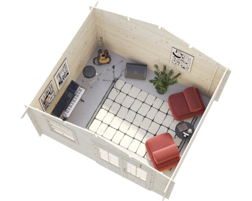 Vue de dessus d un abri de jardin en bois confortable, aménagé en salle de musique avec deux fauteuils, un clavier, une guitare et des tableaux.