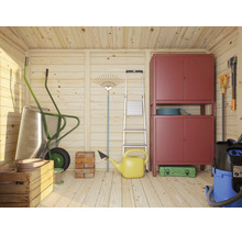 Ordentlich aufgeräumter Holzschuppen mit Metallschrank, Schubkarre, Leiter und verschiedenen Gartenwerkzeugen an einer Holzwand.