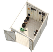 Gartengerätehaus aus Holz mit offener Doppeltür inklusive Gartenwerkzeugen in den Regalen und Pflanztöpfen auf dem Holzboden in Draufsicht.