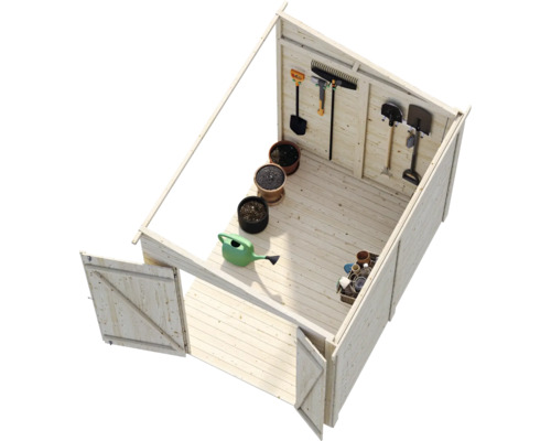 Gartengerätehaus aus Holz mit offener Doppeltür inklusive Gartenwerkzeugen in den Regalen und Pflanztöpfen auf dem Holzboden in Draufsicht.