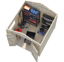 Abri de jardin en bois vu du dessus avec étagères, brouette, aspirateur et outils de jardin pour un rangement organisé.