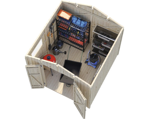 Holzgerätehaus mit Doppeltür, Innenansicht von oben mit Regalsystem, Schubkarre, Gartengeräten und Staubsauger, ideal zur organisierten Lagerung.