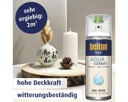 Belton Free Aqua Colours Sprühlack in reinweiß seidenglanz RAL 9010 mit hoher Deckkraft und Witterungsbeständigkeit für zwei Quadratmeter.