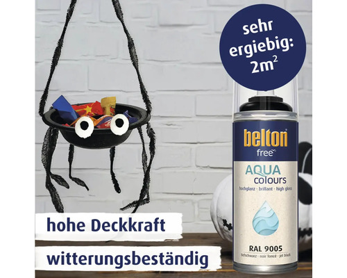 Belton Free Aqua Colours Sprühlack in Tiefschwarz RAL 9005 mit hoher Deckkraft und Wetterbeständigkeit für Dekorationszwecke