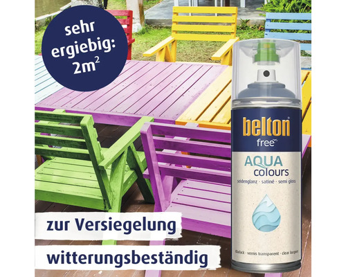 Belton Free Aqua Colours Klarlack Spraydose zur witterungsbeständigen Versiegelung von Gartenmöbeln mit hoher Ergiebigkeit von 2 Quadratmetern.