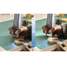 Un outil multifonction Dremel est utilisé pour graver une pièce, comparaison avec et sans éclairage LED sur la tête de l outil.