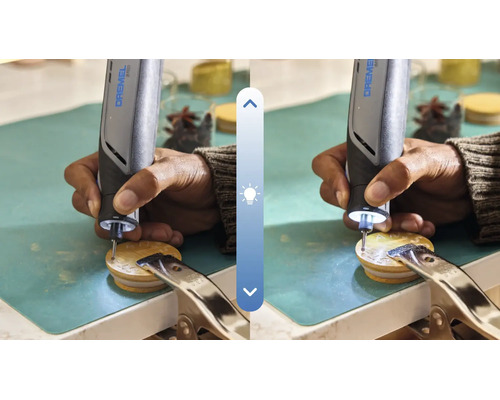 Un outil multifonction Dremel est utilisé pour graver une pièce, comparaison avec et sans éclairage LED sur la tête de l outil.