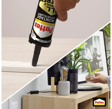 Pattex Montagekleber in einer Kartusche beim Auftragen und eine dekorierte Kommode mit einer Lampe und einer Pflanze als Anwendungsbeispiel.