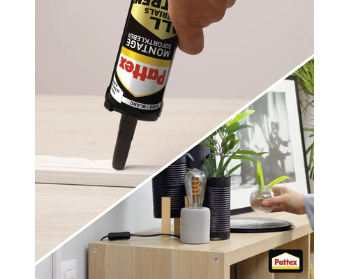 Pattex Montagekleber in einer Kartusche beim Auftragen und eine dekorierte Kommode mit einer Lampe und einer Pflanze als Anwendungsbeispiel.