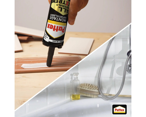 Pattex Montagekleber in der Kartusche wird auf eine Fliese aufgetragen, ergänzt durch eine Szene eines Badezimmers mit Badewanne und Zubehör.