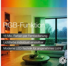 Wohnzimmer mit RGB LED Beleuchtung, steuerbar per Fernbedienung mit 16 Millionen Farben für individuelle Lichtstimmung und moderne Lichttechnik. (Image AI modified or generated)