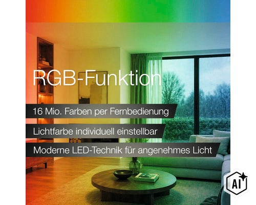 Wohnzimmer mit RGB LED Beleuchtung, steuerbar per Fernbedienung mit 16 Millionen Farben für individuelle Lichtstimmung und moderne Lichttechnik. (Image AI modified or generated)