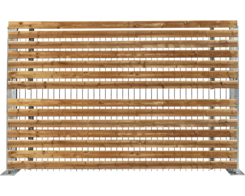 Sichtschutzelement aus Holzlatten kombiniert mit einem Metallgitter als dekorativer Garten- oder Sichtschutzzaun.