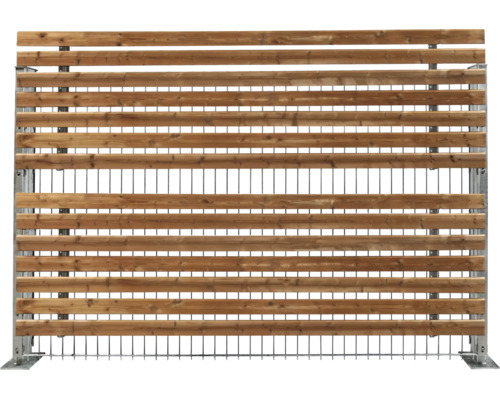 Holz Sichtschutzelement als Kombination aus Holzlattung und Drahtgitterzaun zur Gartenbegrenzung.