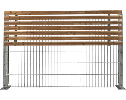 Kombinationselement Zaun aus Holzlatten und Metallgitter mit Pfosten zur Gartenbegrenzung