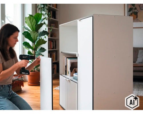 Une femme monte une armoire avec une perceuse sans fil dans un salon lumineux. (Image AI modified or generated)