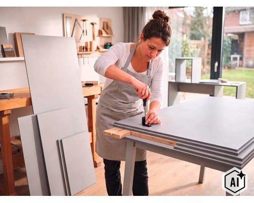 Une femme monte des pièces de mobilier en bois avec un tournevis sur une table de travail dans un atelier lumineux. (Image AI modified or generated)