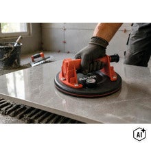 Handwerker beim Verlegen einer Fliese mit einem Akkit Saugheber mit Manometer zur sicheren Handhabung von glatten Oberflächen auf einer Baustelle. (Image AI modified or generated)