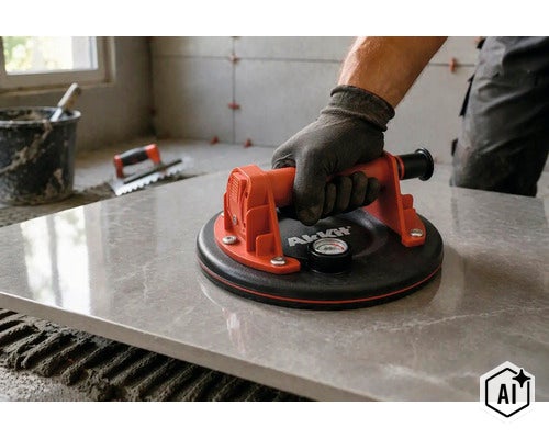 Handwerker beim Verlegen einer Fliese mit einem Akkit Saugheber mit Manometer zur sicheren Handhabung von glatten Oberflächen auf einer Baustelle. (Image AI modified or generated)