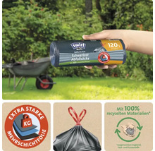 Swirl Pro Schwerlast Abfallsäcke, 120 Liter, 12 Stück, extra stark mit Zugband, aus 100 Prozent recyceltem Kunststoff, für Gartenabfälle.
