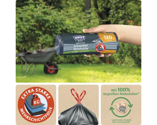 Swirl Pro Schwerlast Abfallsäcke, 120 Liter, 12 Stück, extra stark mit Zugband, aus 100 Prozent recyceltem Kunststoff, für Gartenabfälle.