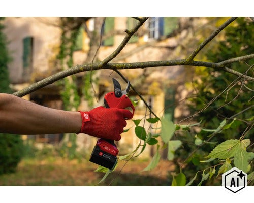 Eine Person benutzt eine elektrische Felco Akku Gartenschere zum Schneiden von Ästen in einem Garten. (Image AI modified or generated)