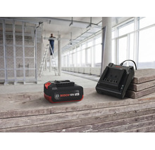 Bosch Akku und Ladegerät 18 Volt auf einer Holzstapel Unterlage vor einer Baustelle mit arbeitender Person auf einer Leiter.