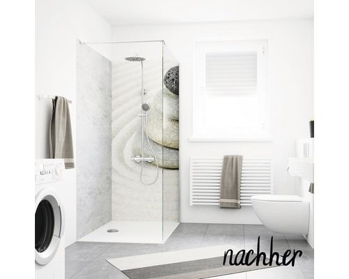 Duschrückwand BREUER Zen & Wasser 90 x 210 cm Helles Badezimmer mit ebenerdiger Dusche, Waschmaschine und Heizkörper
