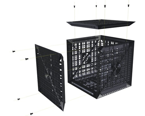 Explosionszeichnung eines schwarzen, modularen Regalsystems mit Wabenstruktur