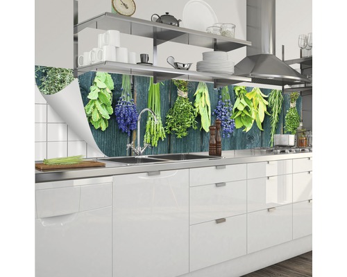 Crédence de cuisine avec motif d''herbes aromatiques dans une cuisine moderne