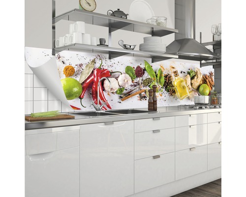 Crédence de cuisine avec motifs d''épices derrière un évier dans une cuisine