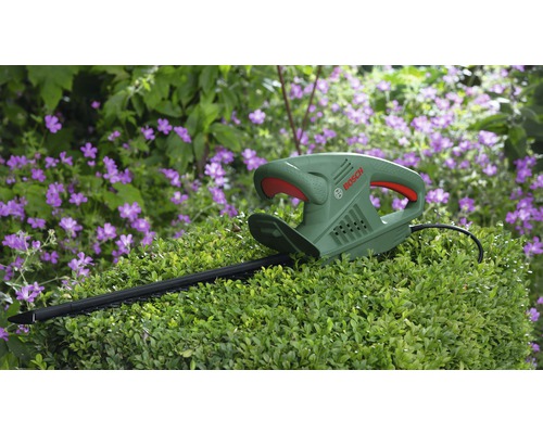 Bosch Heckenschere auf einer Hecke mit lila Blumen im Hintergrund