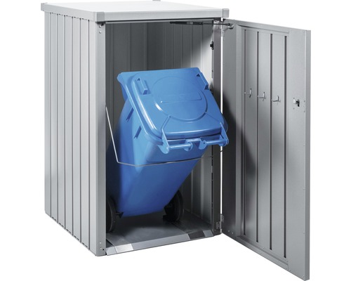 Mülltonnenbox mit einer blauen Mülltonne