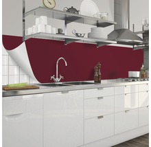 Scène de cuisine avec crédence rouge, évier et placards blancs.