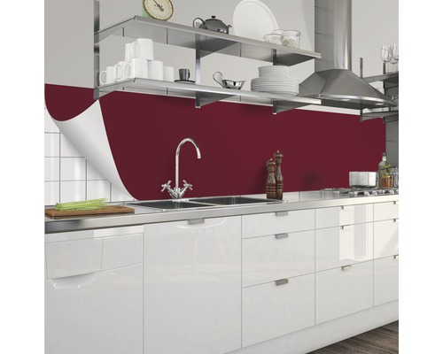 Scène de cuisine avec crédence rouge, évier et placards blancs.