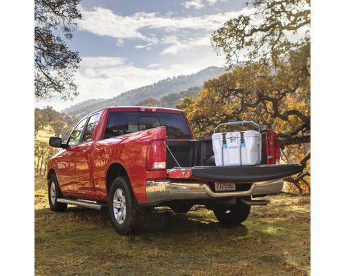 Roter Pritschenwagen mit Kühlbox im Laderaum in ländlicher Umgebung