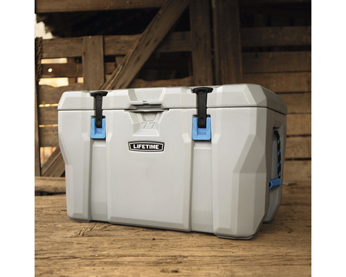 Graue Kühlbox mit schwarzem Verschluss und blauem Akzent, Fassungsvermögen 77 Liter