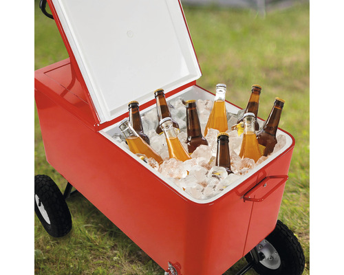 Chariot réfrigérant rouge avec glace et bouteilles de boisson