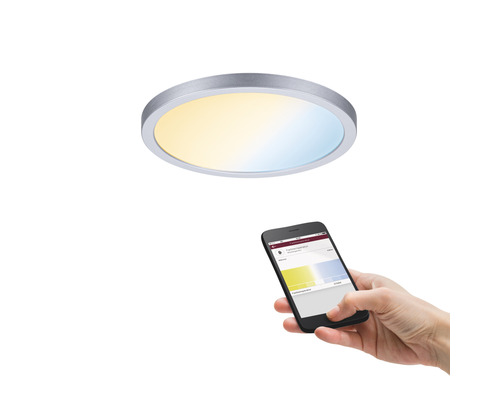 Runde Deckenleuchte gesteuert mit einem Smartphone.